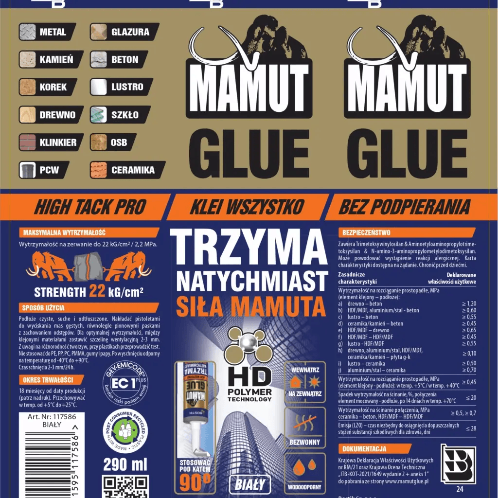 Klej uniwersalny do listew Mamut Glue Biały 290ml 117586, Bostik