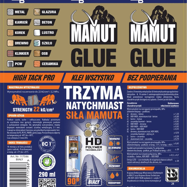 Klej uniwersalny do listew Mamut Glue Biały 290ml 117586, Bostik
